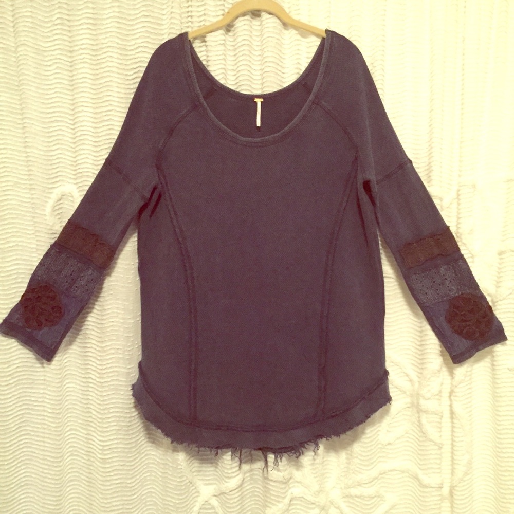 Free People Navy Sweater patchwork detail sleeve